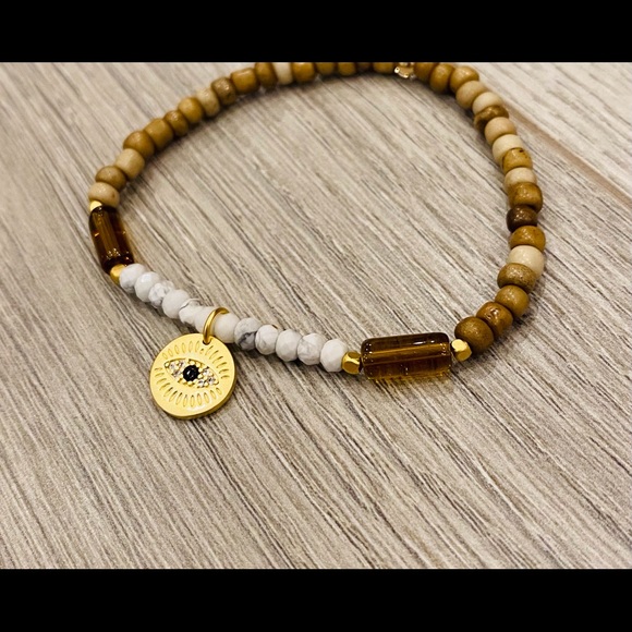 Masai Glass Beads & Howlite Faceted Stones Stretch Bracelet Evil Eye Charm - Picture 1 of 1